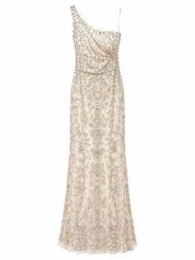 Sherri Hill 54250 Champagne Embellished One-Shoulder Evening Gown